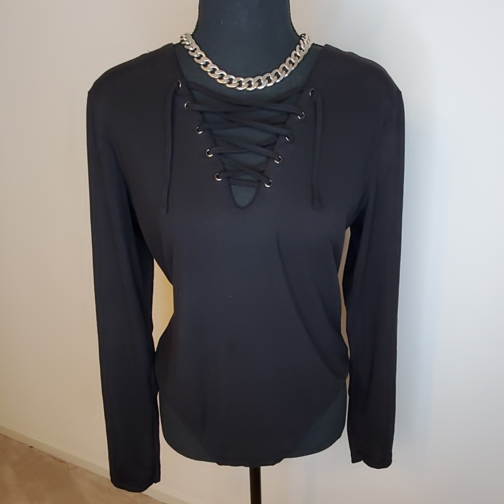 Black lace up bodysuit long sleeve